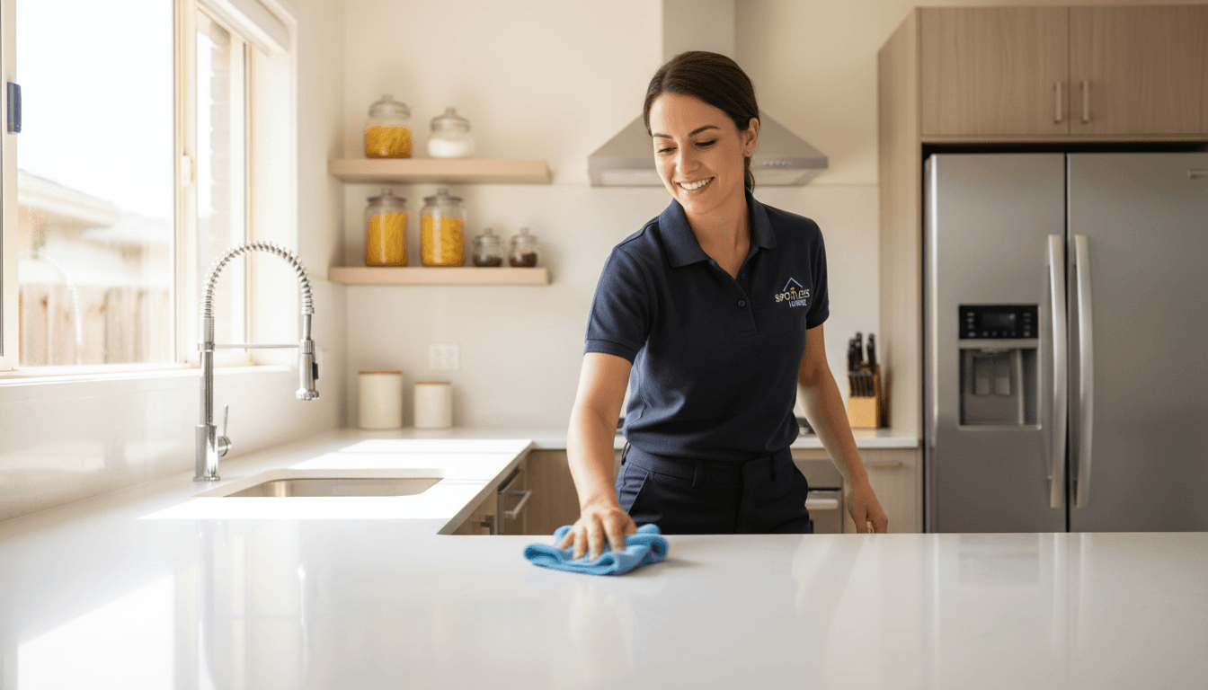 Professional cleaning technician wiping down a modern kitchen countertop with precision