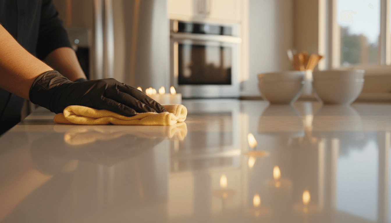 Hands carefully cleaning a kitchen countertop with attention to detail