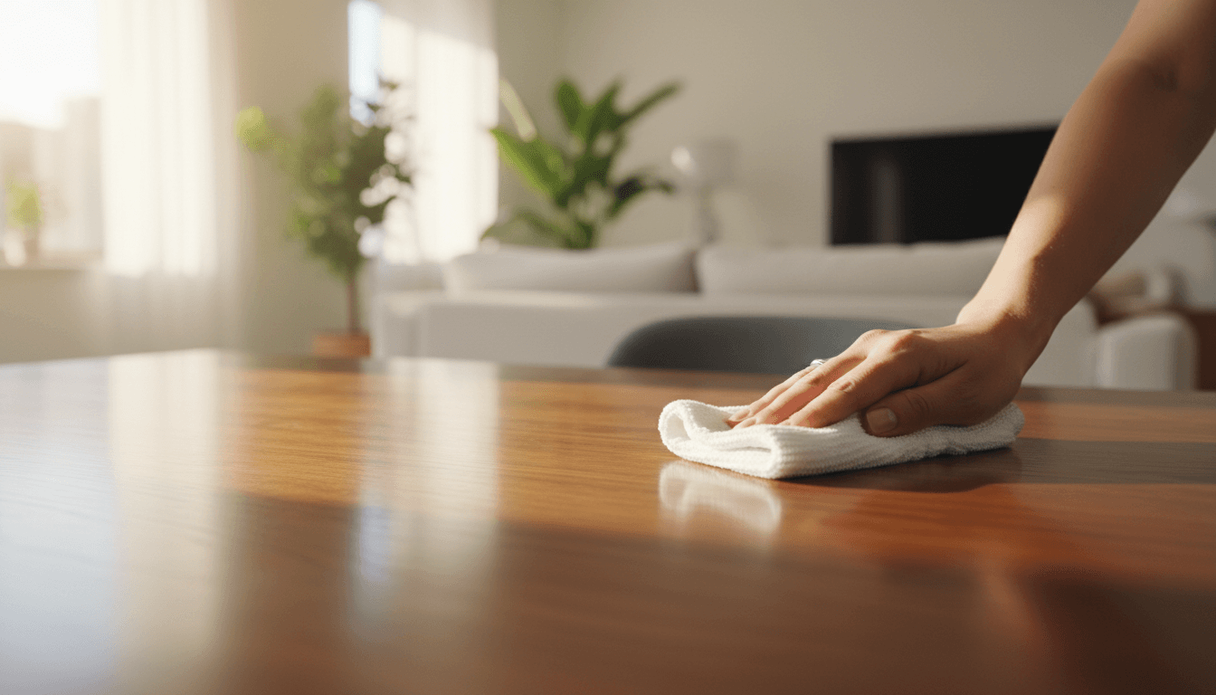 Professional cleaner polishing wood surface with microfiber cloth